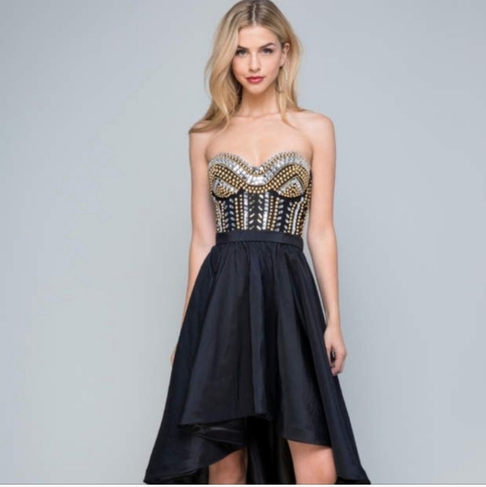 Bebe Strapless Beaded Jeweled Bustier Dress High Low Black Sz12